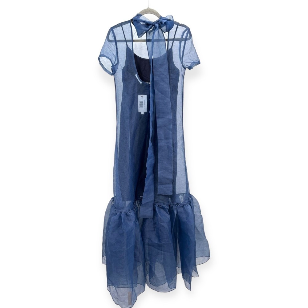 NWT CAARA Melody Tie Neck Organza Ruffle Hem Dress Navy Blue - Size Medium - Picture 11 of 14